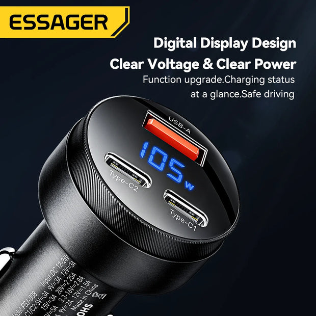 Essager 105W Digital Display Fast Car Charger For iPhone 15 14 pro MacBook USB A C Quick Charger For Huawei Xiaomi Samsung OPPO